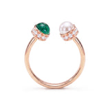 Cabochon Emerald, Diamond & Pearl Open Ring, 18K Yellow Gold
