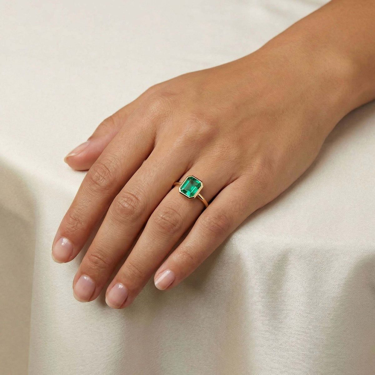 Emerald Bezel Set Solitaire Ring, 18K Yellow Gold
