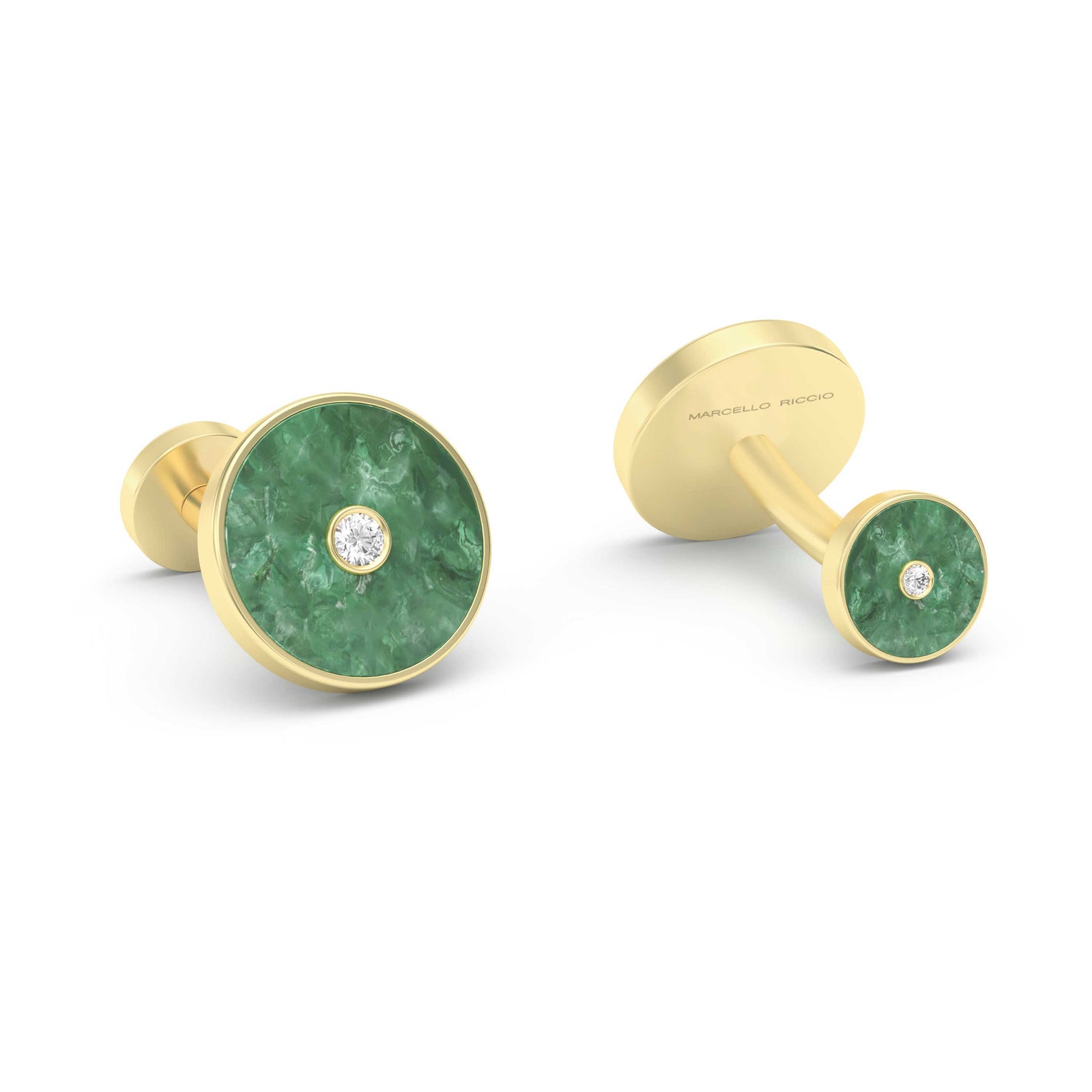Boutons De Manchette Vintage Plaqués Or Avec Incrustation De Jade - Style Art Nouveau, Occasion