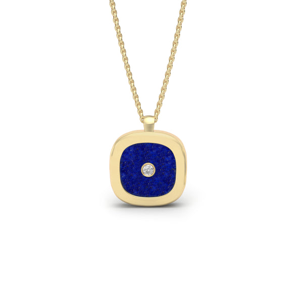 Lapis Lazuli & Diamond Cushion Bezel Set Pendant, 18K Gold