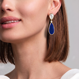Mother of Pearl, Lapis Lazuli & Diamond Teardrop Earrings on model