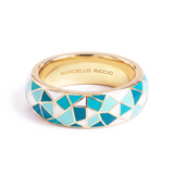 Hand Painted White & Turquoise Enamel Ring, 18K Yellow Gold