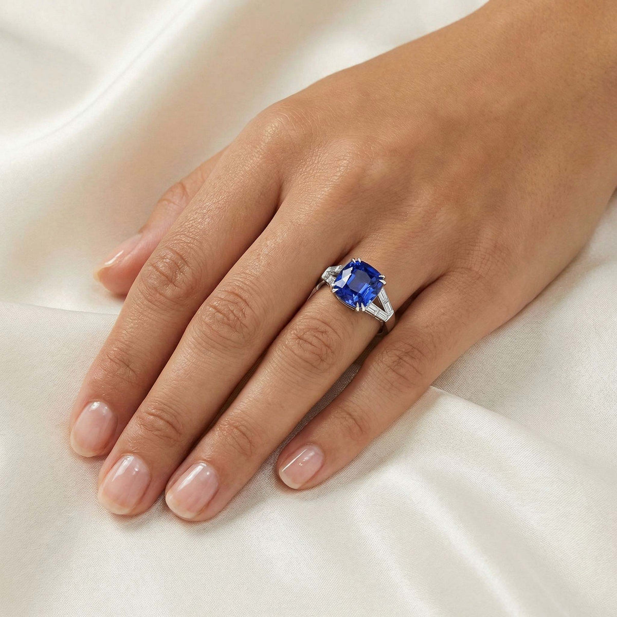 Unheated Cushion Blue Sapphire and Diamonds Baguette, Platinum Ring