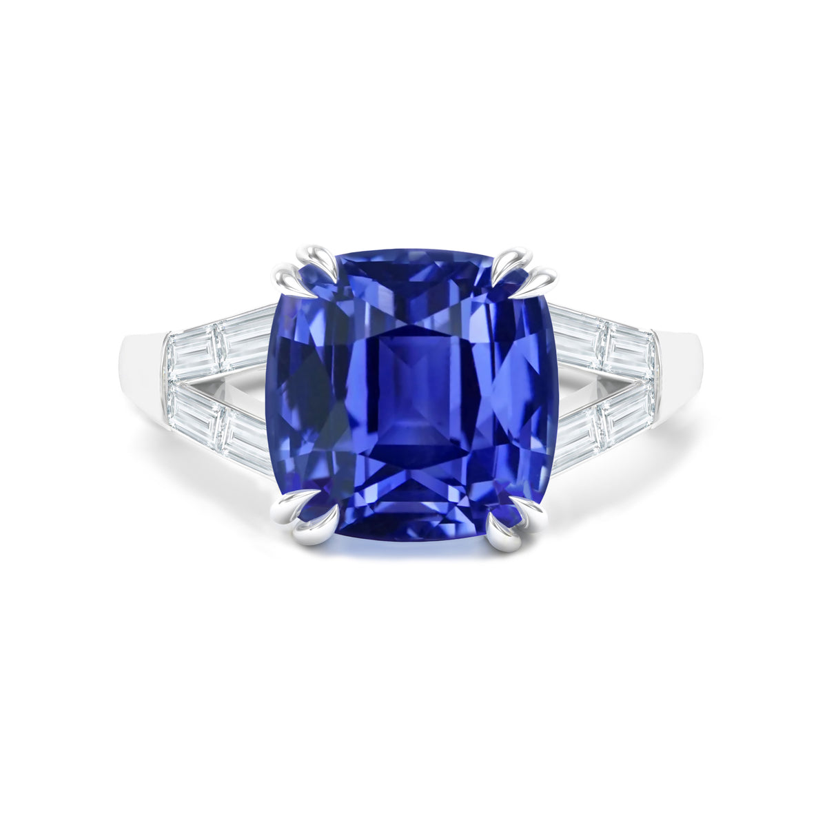 Unheated Cushion Blue Sapphire and Diamonds Baguette, Platinum Ring