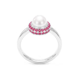 Pearl & Ruby Halo Ring, 18K White Gold
