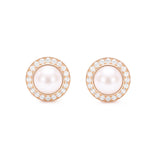 Pearl & Diamond Halo, 18K Gold Stud Earrings