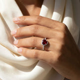 Heart shape ruby and diamonds halo ring in white gold