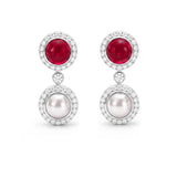 Cabochon Ruby, Diamond & Pearl Drop Earrings, 18k White Gold