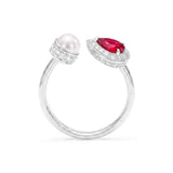 Pear Ruby, Diamond & Pearl Open Ring, 18K White Gold