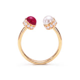 Cabochon Ruby, Diamond & Pearl Open Ring, 18K Gold