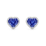 Heart Blue Sapphire & Diamonds Halo Earrings, 18K White Gold