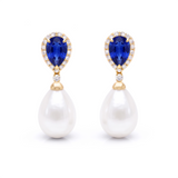 Pear Sapphire, Diamond & Pearl Drop Earrings,18K Yellow Gold