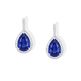 Pear sapphire and diamond drop dangle 18k white gold earrings