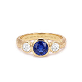 Round Sapphire Trilogy Ring with Diamonds in Textured 18ct Gold