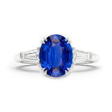 Oval Blue Sapphire & Tapered Baguette Diamond Trilogy Ring, Platinum