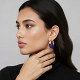 Lapis Lazuli Hoop Earrings, 18K Textured Gold on model