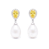 Yellow Sapphire, Diamond & Pearl Drop Earrings, White Gold