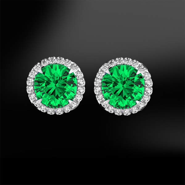 round emerald white diamonds halo platinum gold elegant art deco engagement wedding stud earrings may birthstone