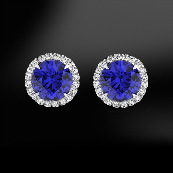round sapphire white diamonds halo platinum gold elegant art deco engagement wedding stud earrings september birthstone