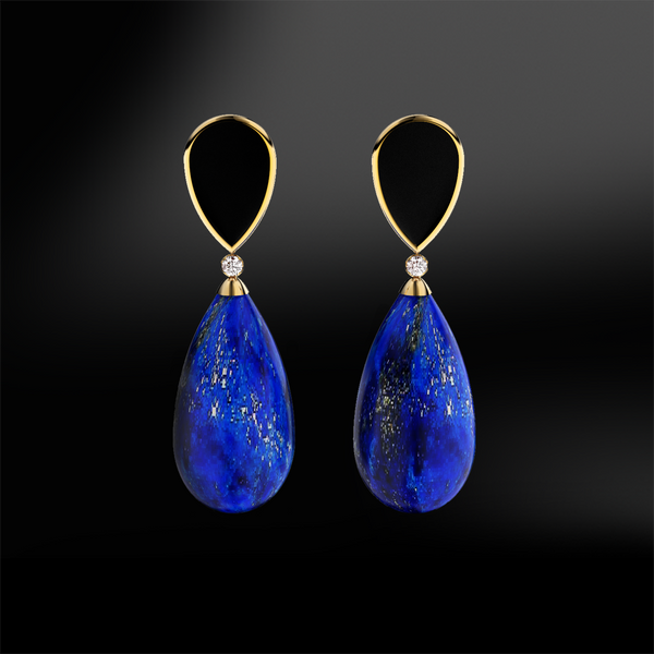 lapis lazuli black agate onyx diamonds silver gold  earrings
