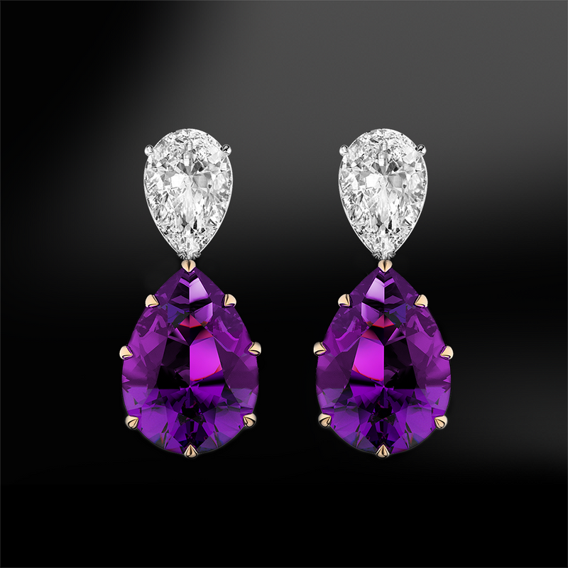 Pear shape amethyst diamond gold drop earrings