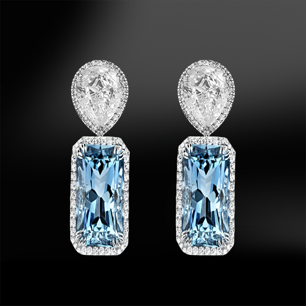 Cushion aquamarine diamond wedding engagement gold earrings birthstone
