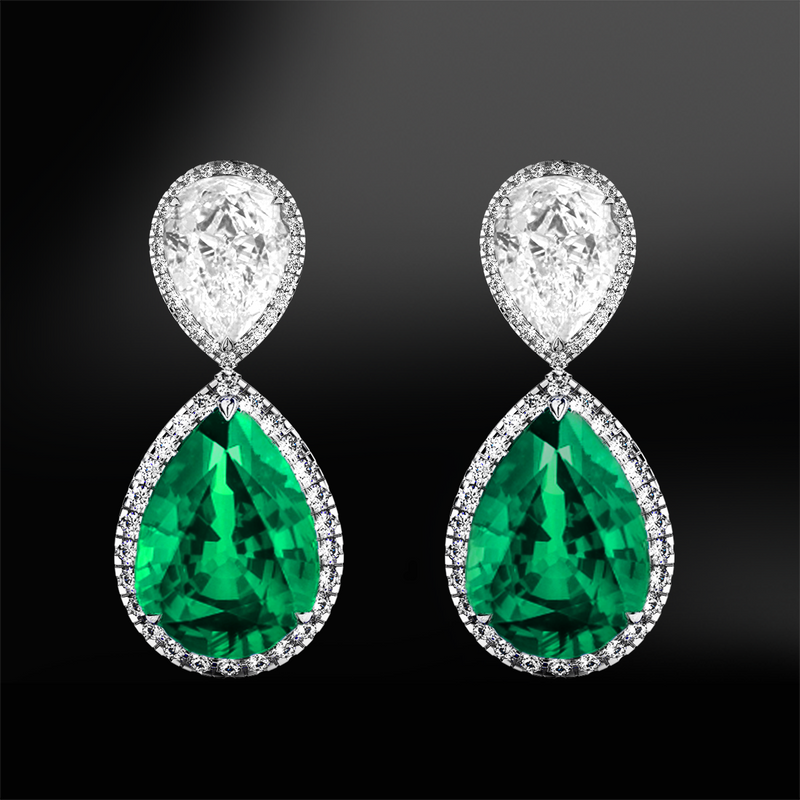 pear emerald earrings diamonds gold 