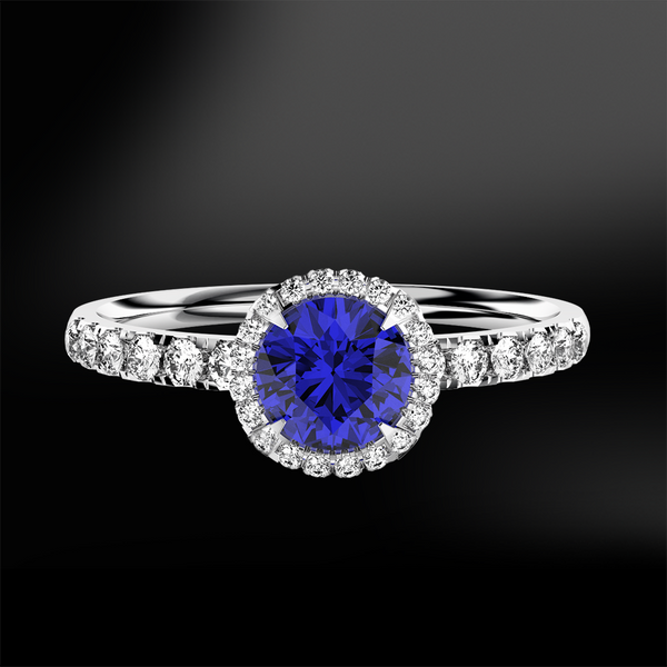 round cut blue sapphire white diamonds platinum gold engagement wedding ring