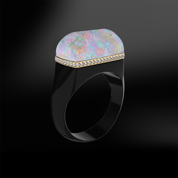 Crystal OPAL, DIAMOND and BLACK AGATE Ring