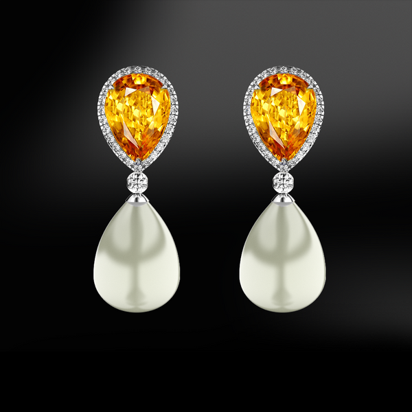 yellow sapphire white pearl diamonds platinum gold engagement wedding drop earrings september april june birthstone