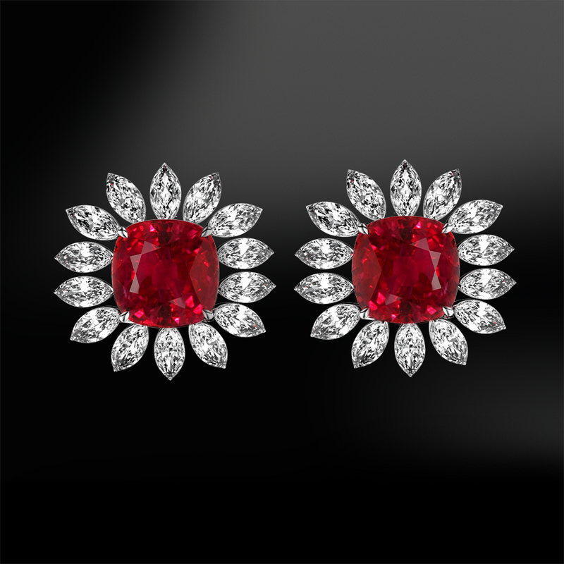 cushion ruby and marquise diamonds earrings