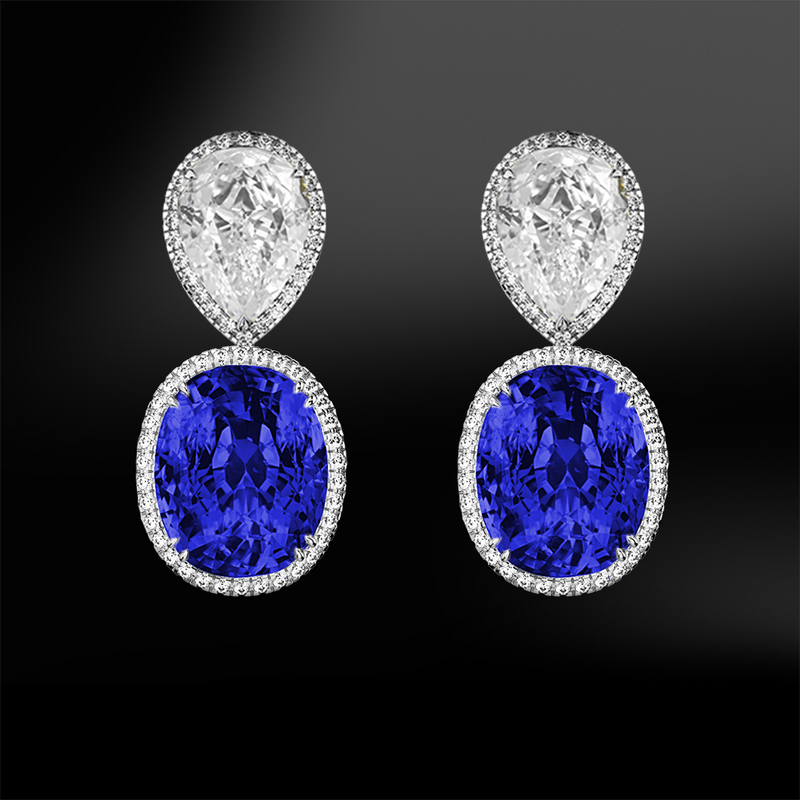 oval shape sapphire pear shape white diamonds halo platinum gold elegant design engagement wedding earrings september birthstone