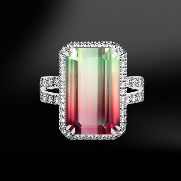 emerald cut multicolor multicolour watermelon tourmaline halo diamonds platinum gold engagement wedding ring october birthstone
