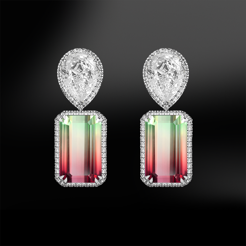 emerald cut scissor cut black tourmaline pear shape diamonds platinum gold engagement wedding drop earrings october birthstone